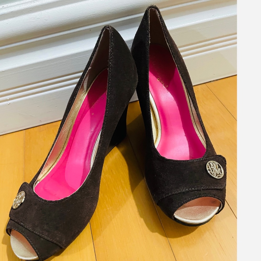 Lilly Pulitzer Dark Brown Peep Toe Suede Wedges
